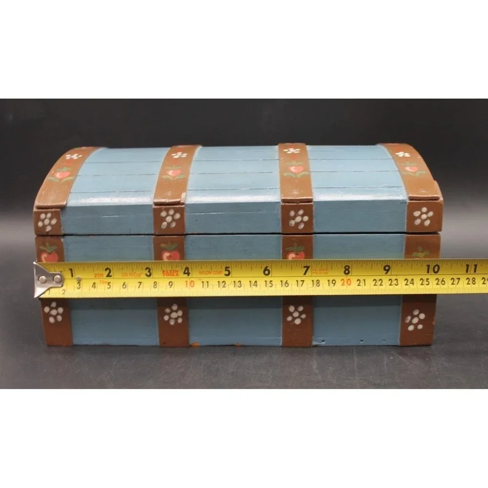 Hand Painted Wooden Treasure Chest Folk Art Storage Box Blue Heart Floral